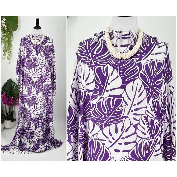 Purple White Monstera Tropical Hawaiian MAXI SARONG Kīkepa Pareo Beach WrapSkirt - Picture 1 of 5